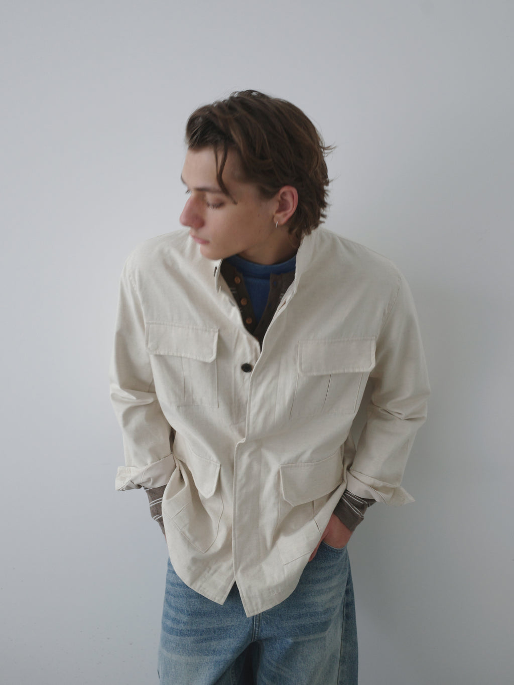 Lyocell Linen Stand Collar Cargo Jacket