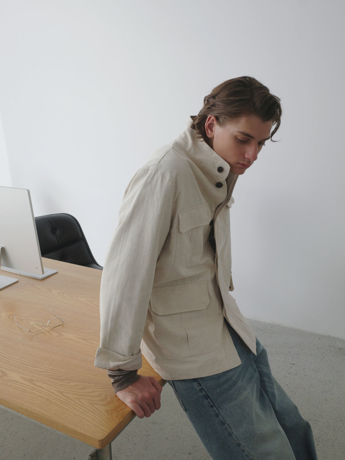 Lyocell Linen Stand Collar Cargo Jacket
