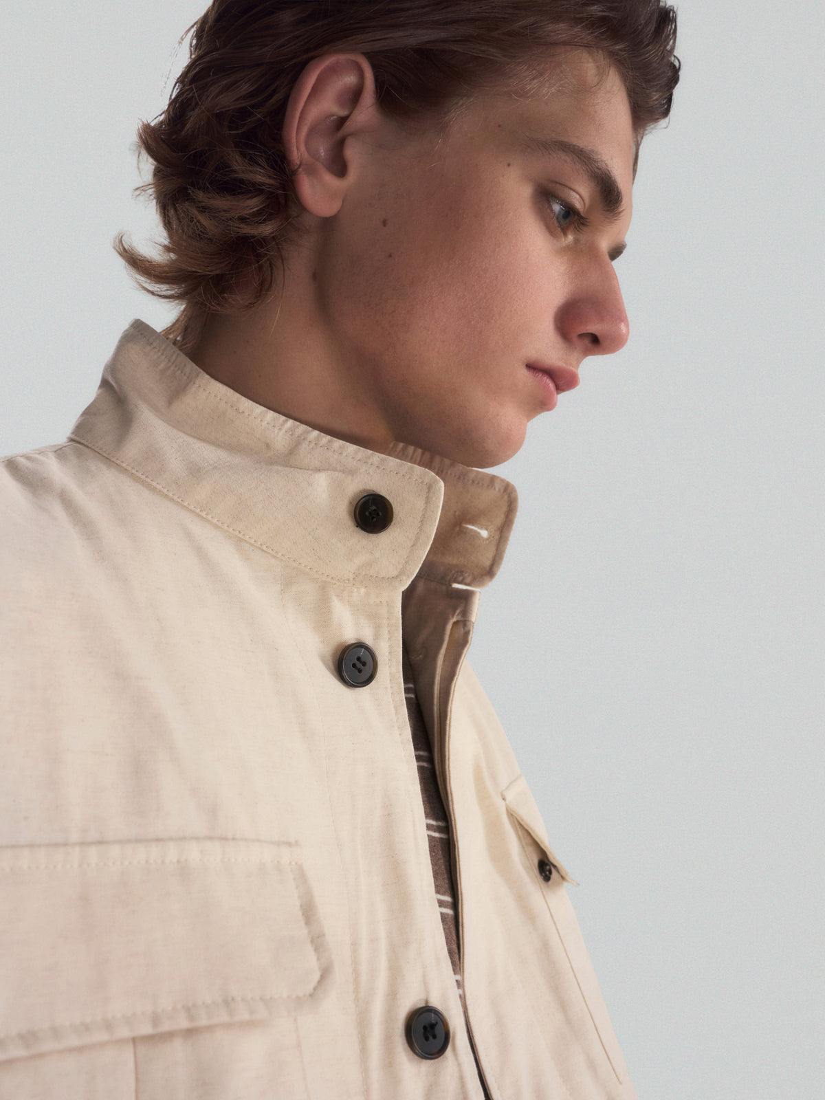 Lyocell Linen Stand Collar Cargo Jacket