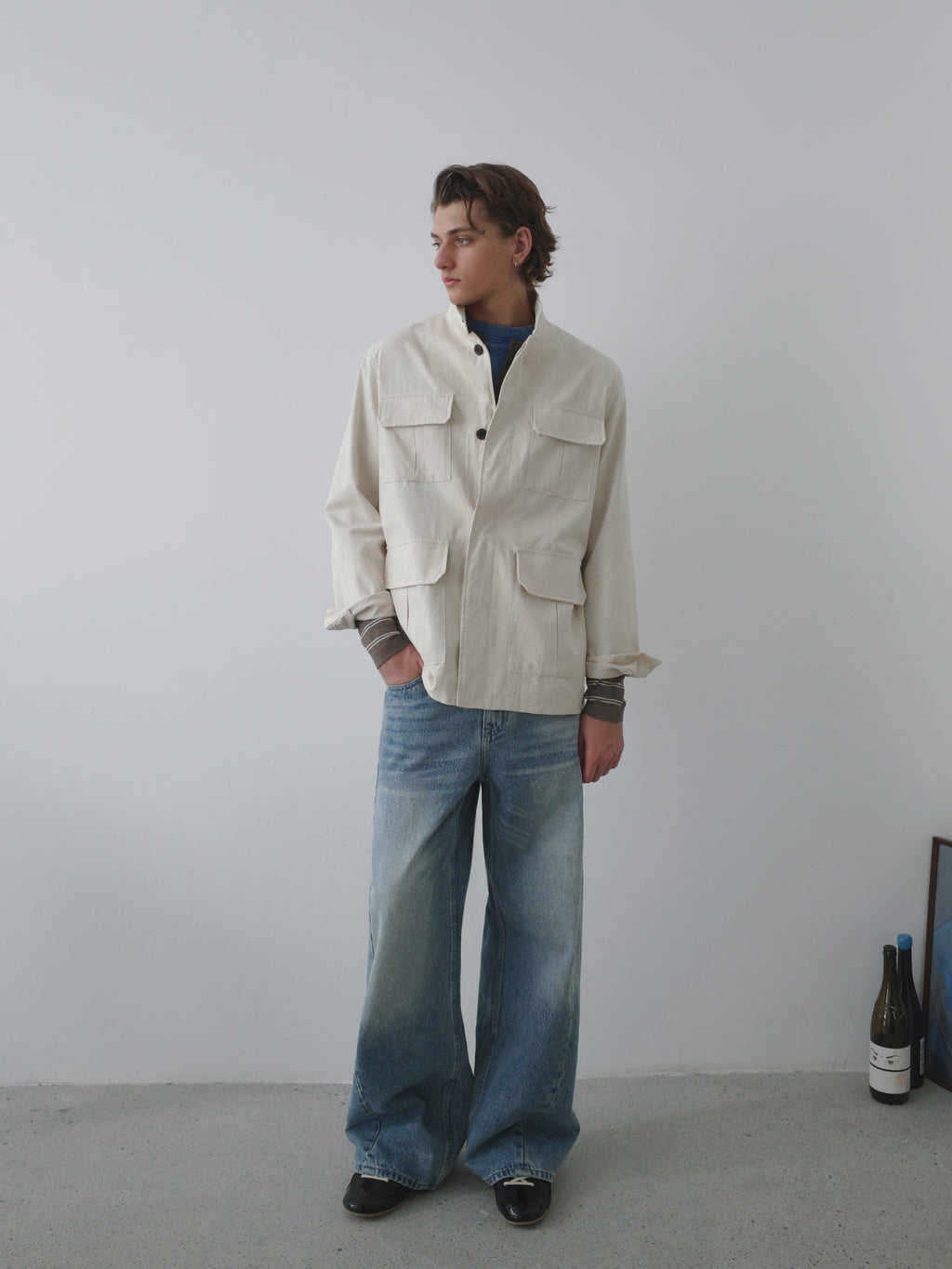 Whiskered Washed Wide Leg Jeans