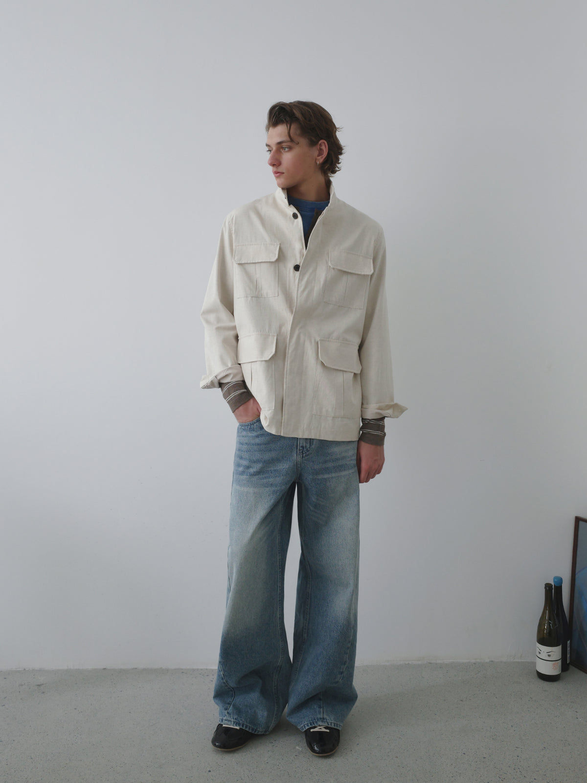 Whiskered Washed Wide Leg Jeans
