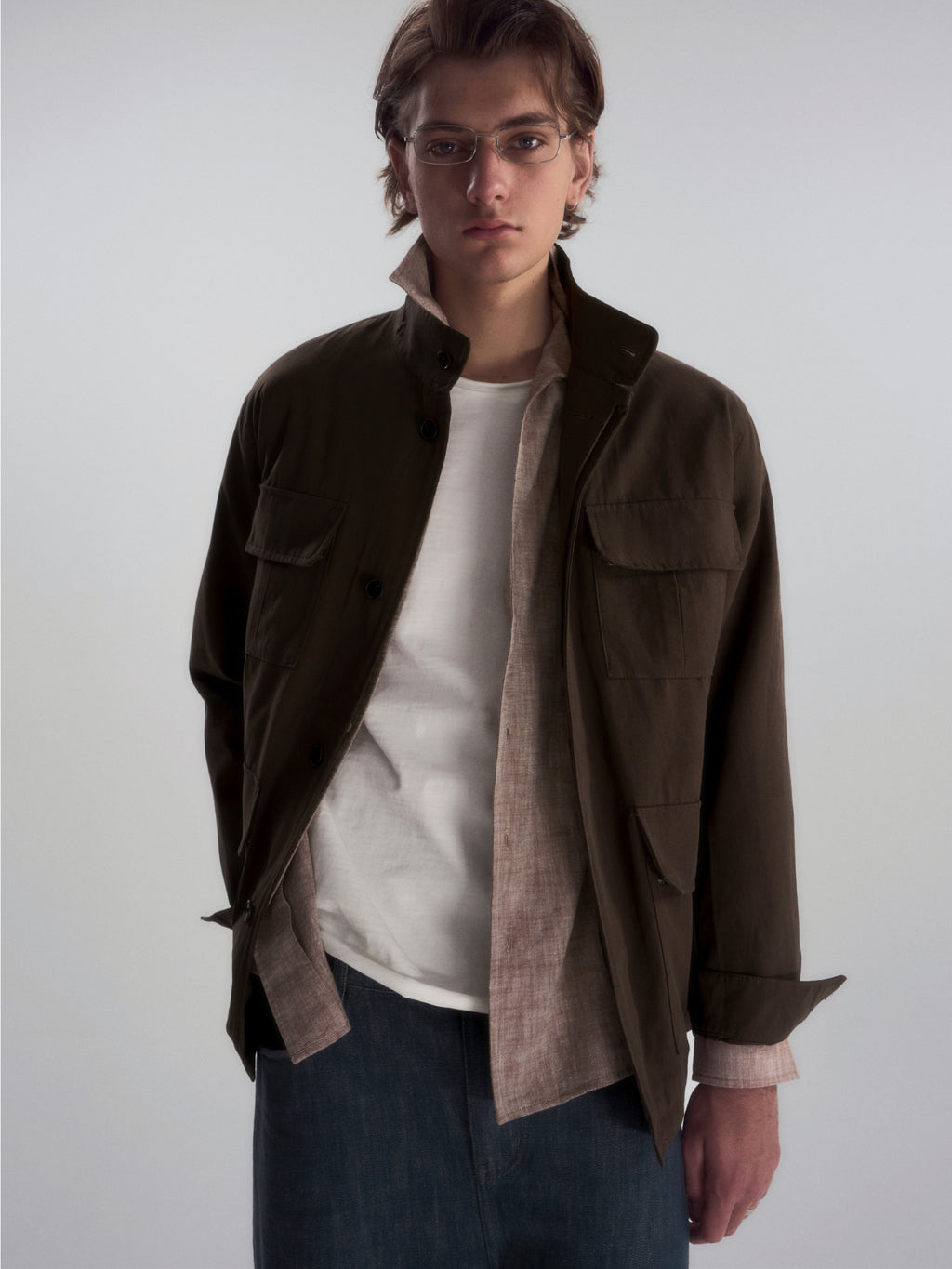 Lyocell Linen Stand Collar Cargo Jacket