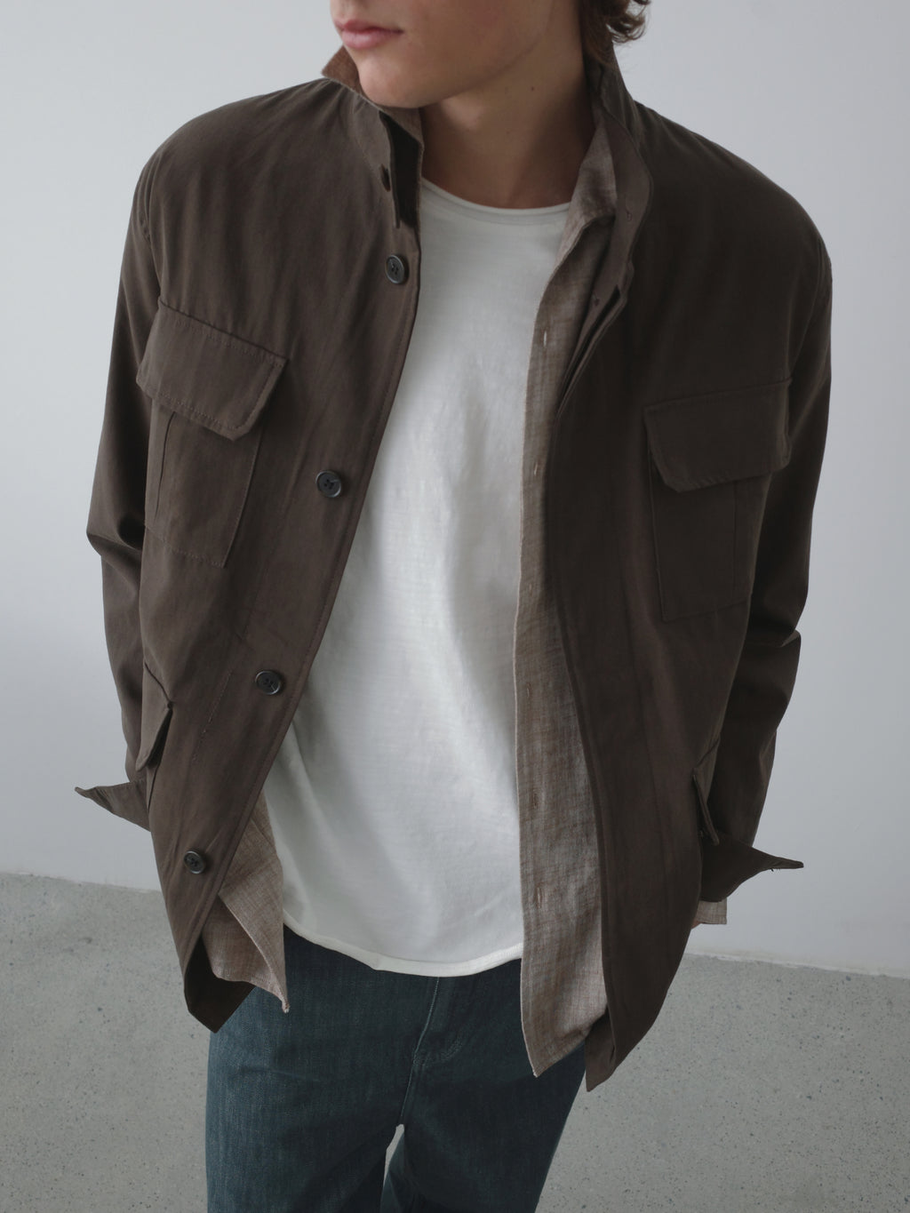 Lyocell Linen Stand Collar Cargo Jacket